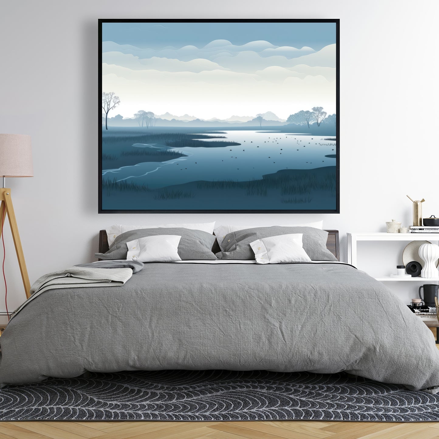 Minimalist Swamp - Blue Framed Canvas for Home Decor