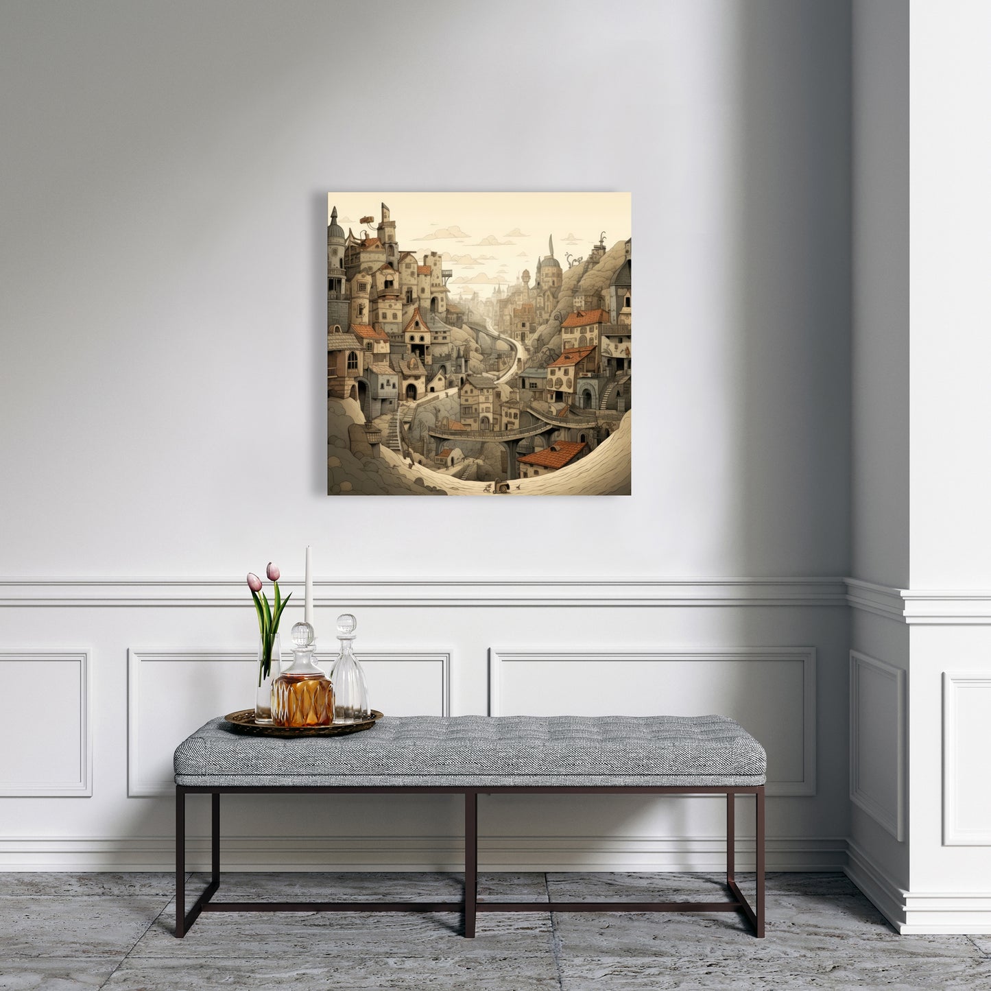 Intricate Town Hall - Beige Canvas for Elegant Home Decor