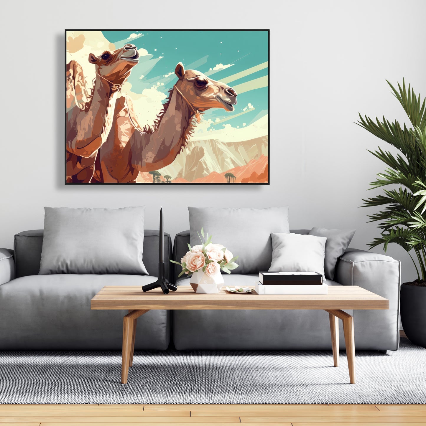Two camels - Framed Canvas - Print on demand