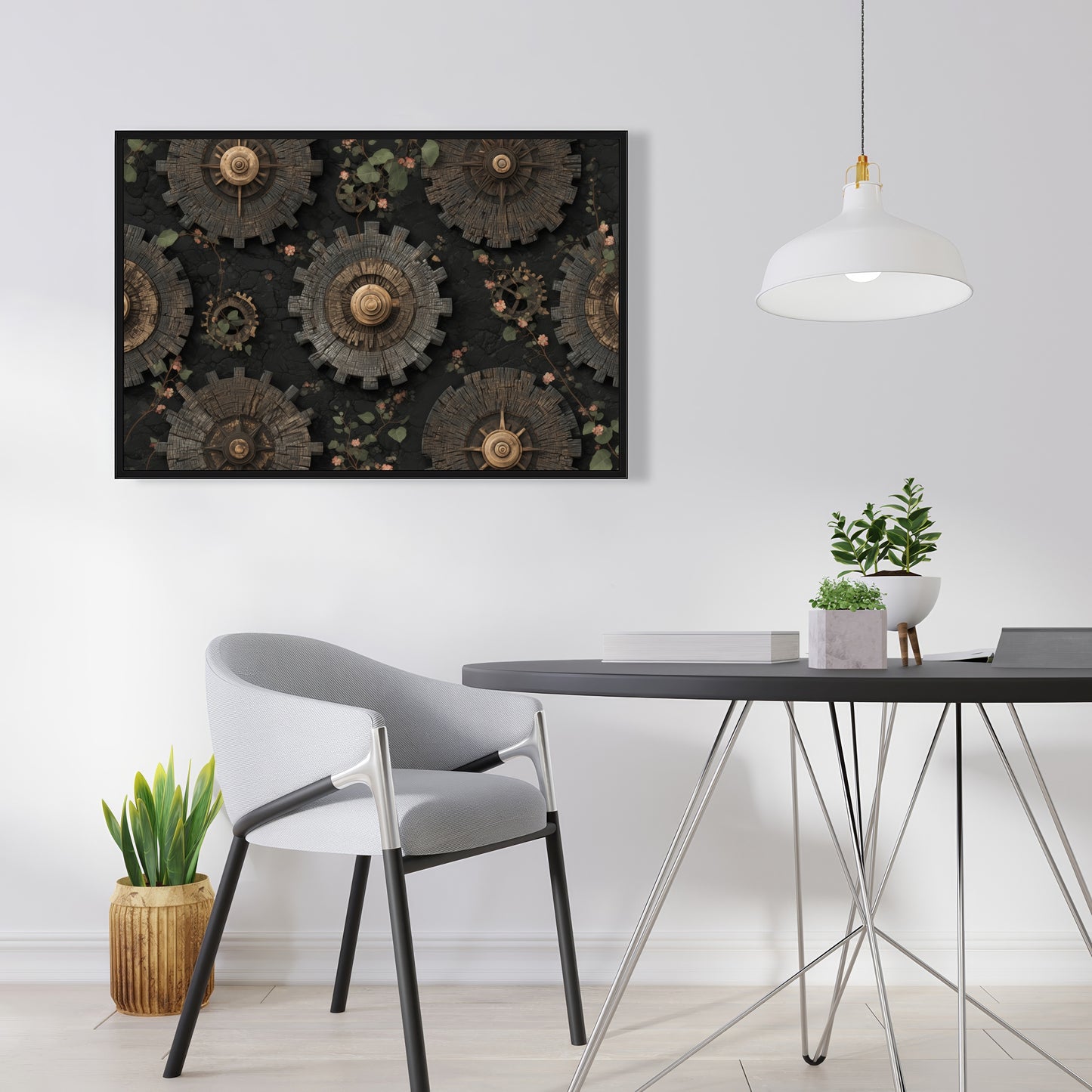 Cog Pattern - Green Framed Canvas for Home Decor | Unique Art