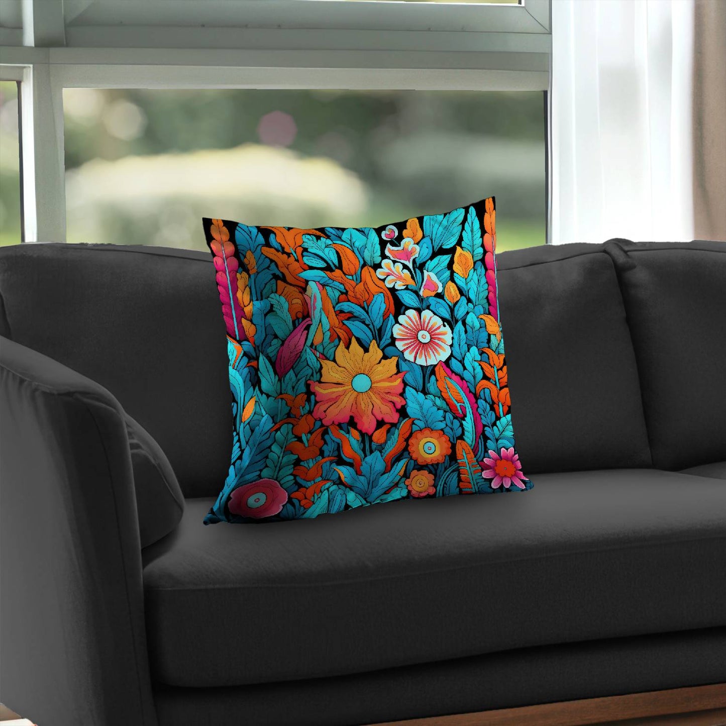 Floral Hues Black Poly Twill Throw Pillow - Home Decor Insert