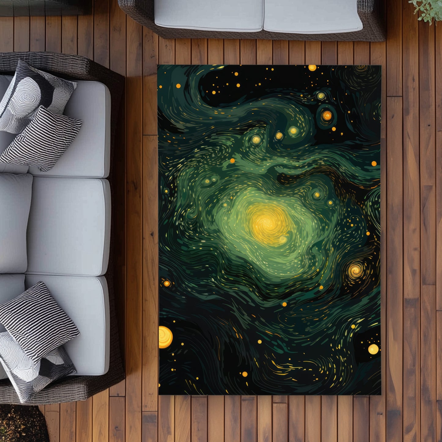 Illuminated in Space - Green Outdoor Area Rug for Home Decor