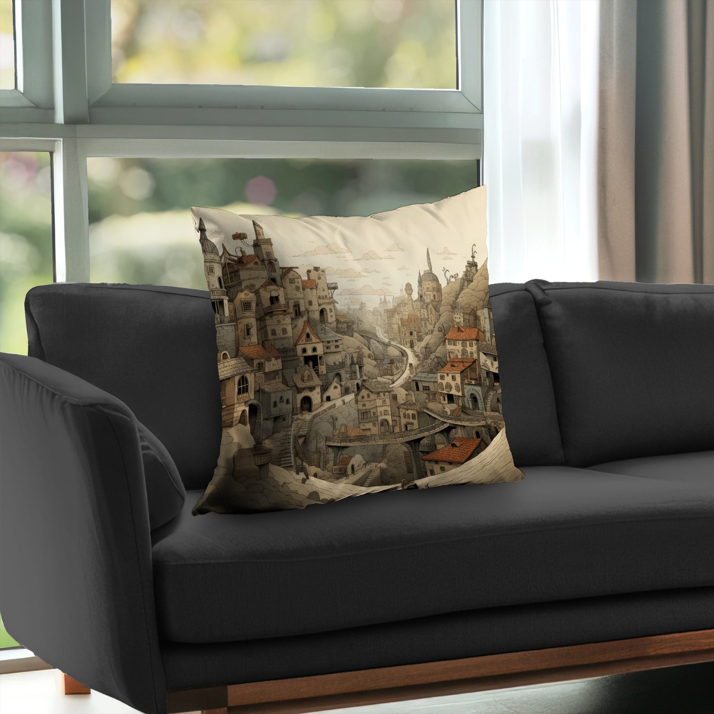 Intricate town hall Orange poly twill throw pillow | Home decor