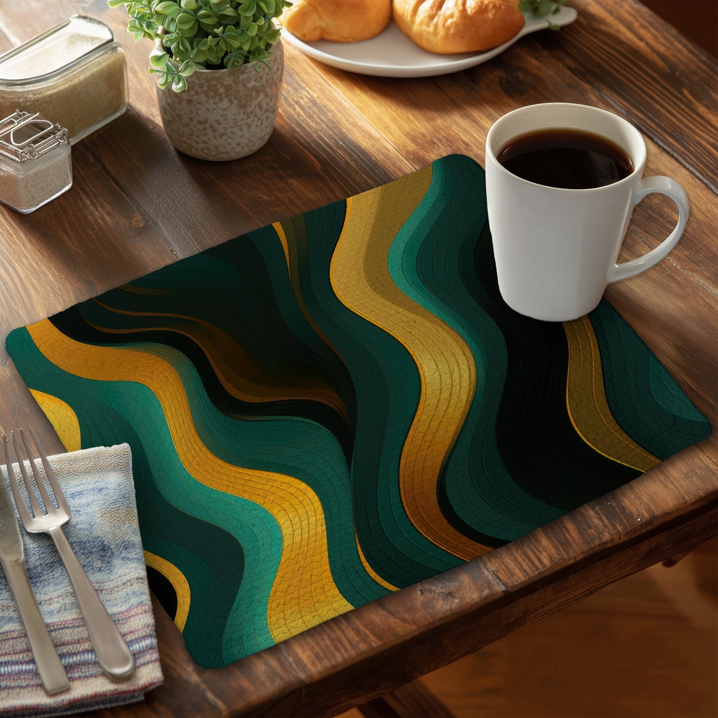 Golden Harmony - Green Braided Polyester Placemat for Home Decor
