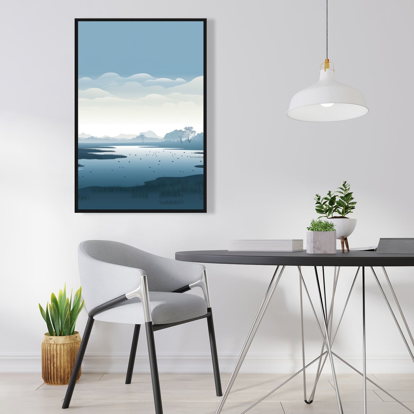 Minimalist Swamp - Blue Framed Canvas for Home Decor