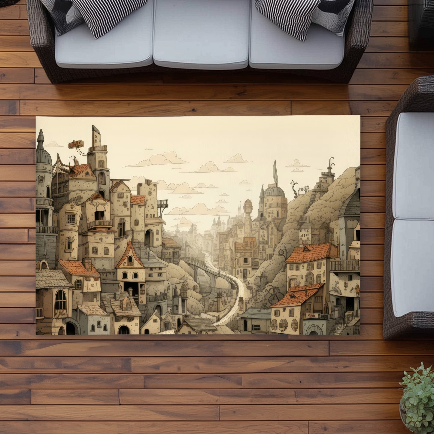 Intricate Town Hall Beige Outdoor Area Rug for Home Decor