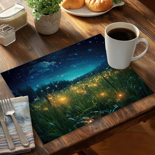 Fireflies at Night - Blue Polyester Placemat for Home Decor