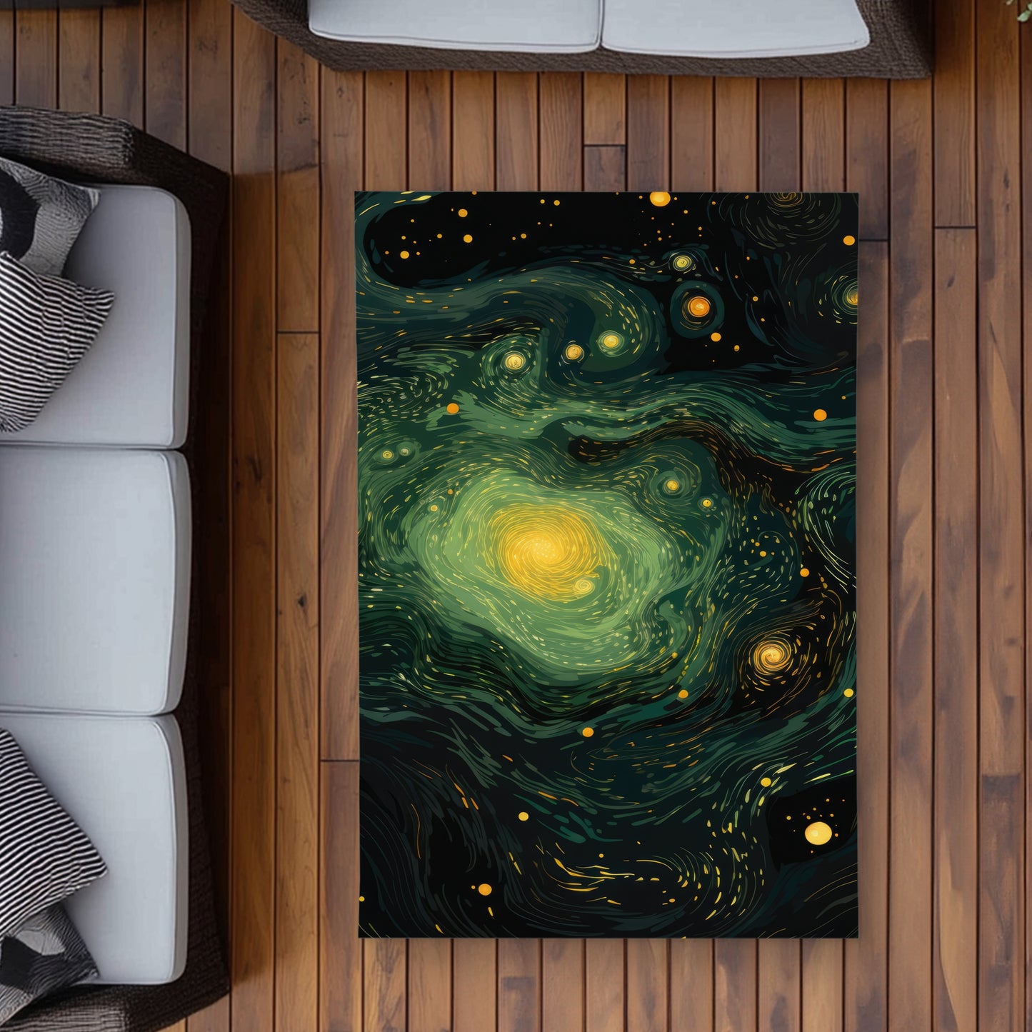 Illuminated in Space - Green Outdoor Area Rug for Home Decor