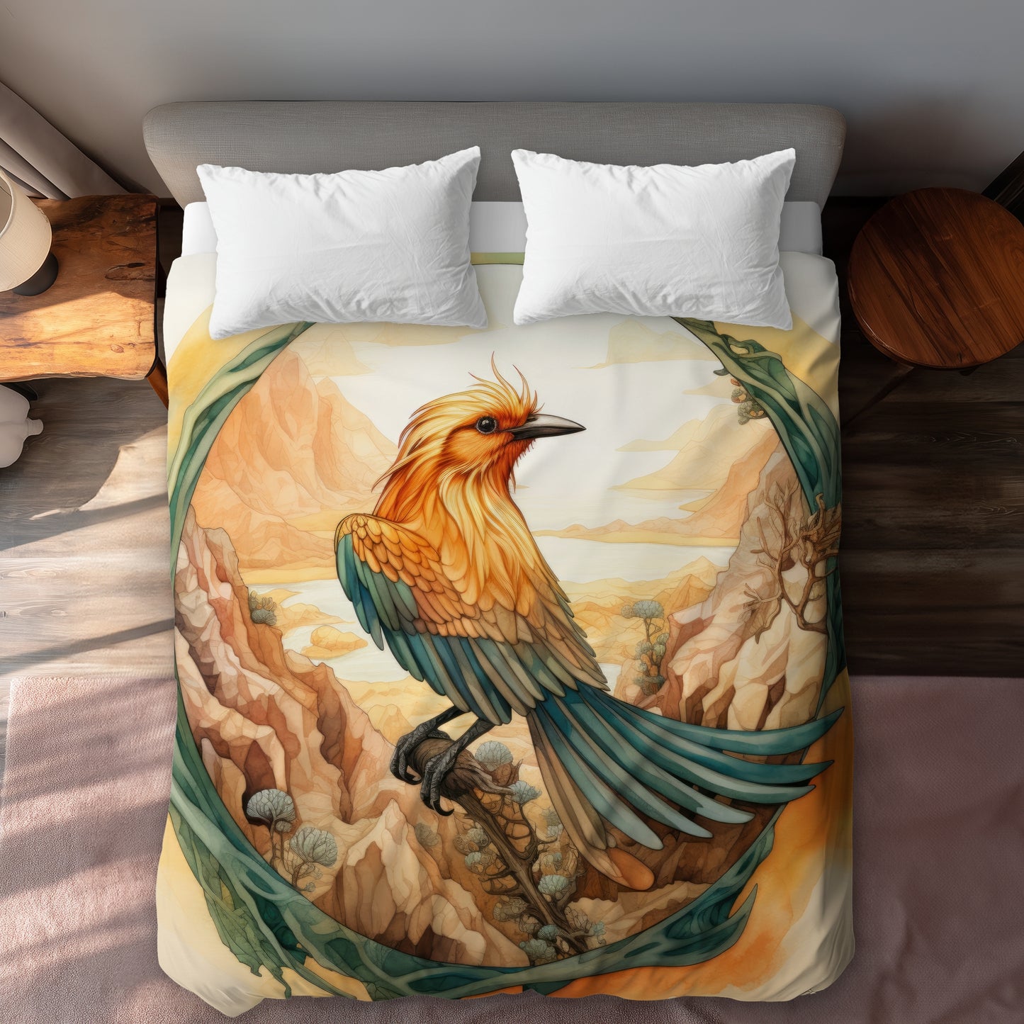 Perched Bird Beige Duvet Cover - Elegant Home Decor Accent