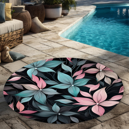 Desaturated Flowers Pink 5' Round Outdoor Area Rug | Home Decor