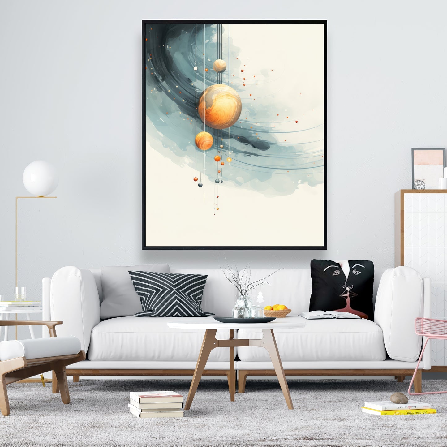 Hanging planets - Blue framed canvas for home decor