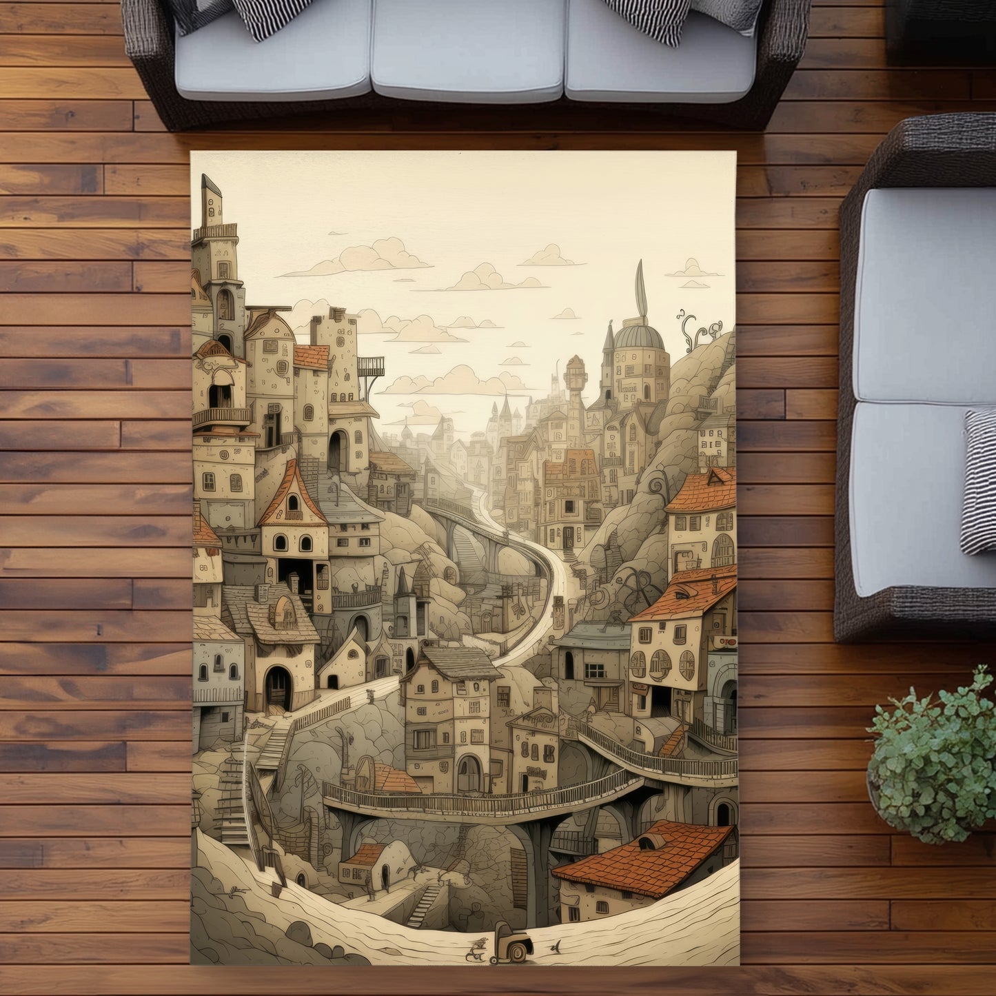 Intricate Town Hall Beige Outdoor Area Rug for Home Decor