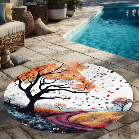 Blowing Leaves Orange Round Outdoor Area Rug | Home Decor