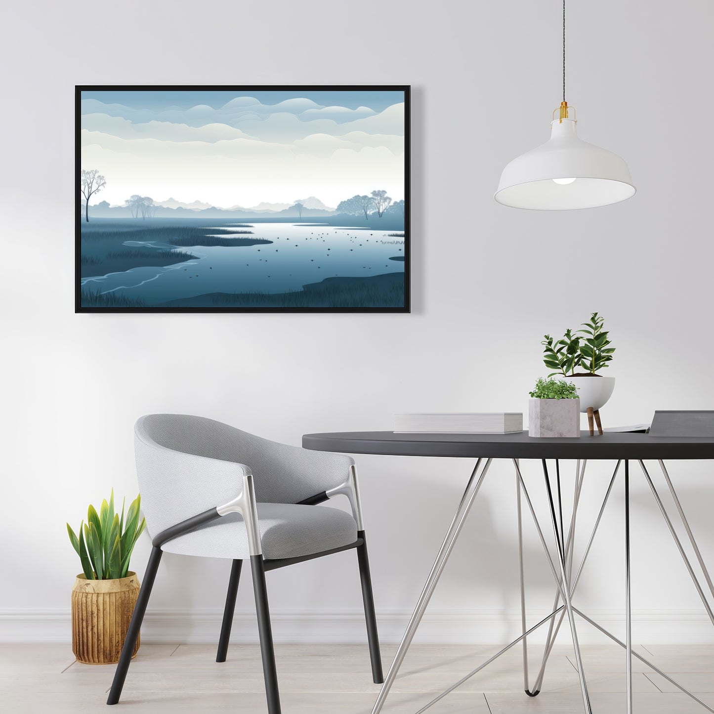 Minimalist Swamp - Blue Framed Canvas for Home Decor