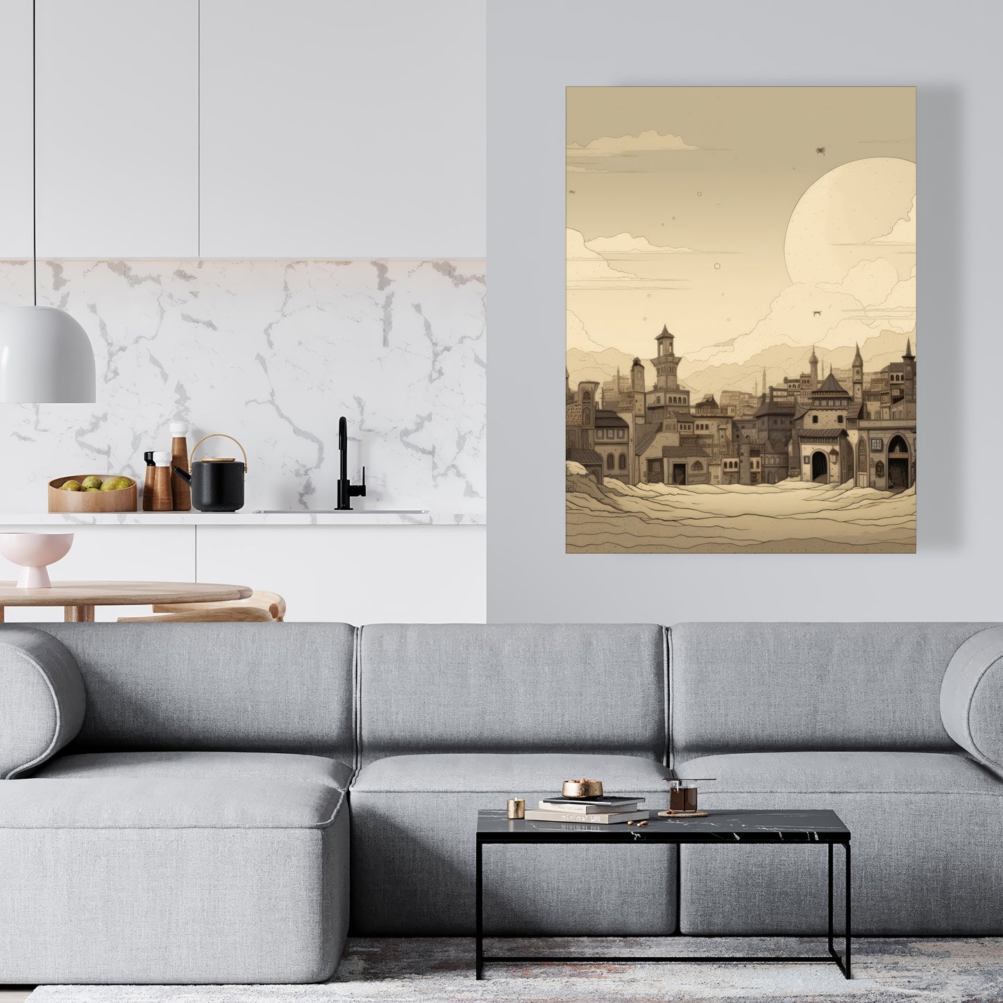 Desert Town Gray Canvas - Stylish Home Decor Artwork