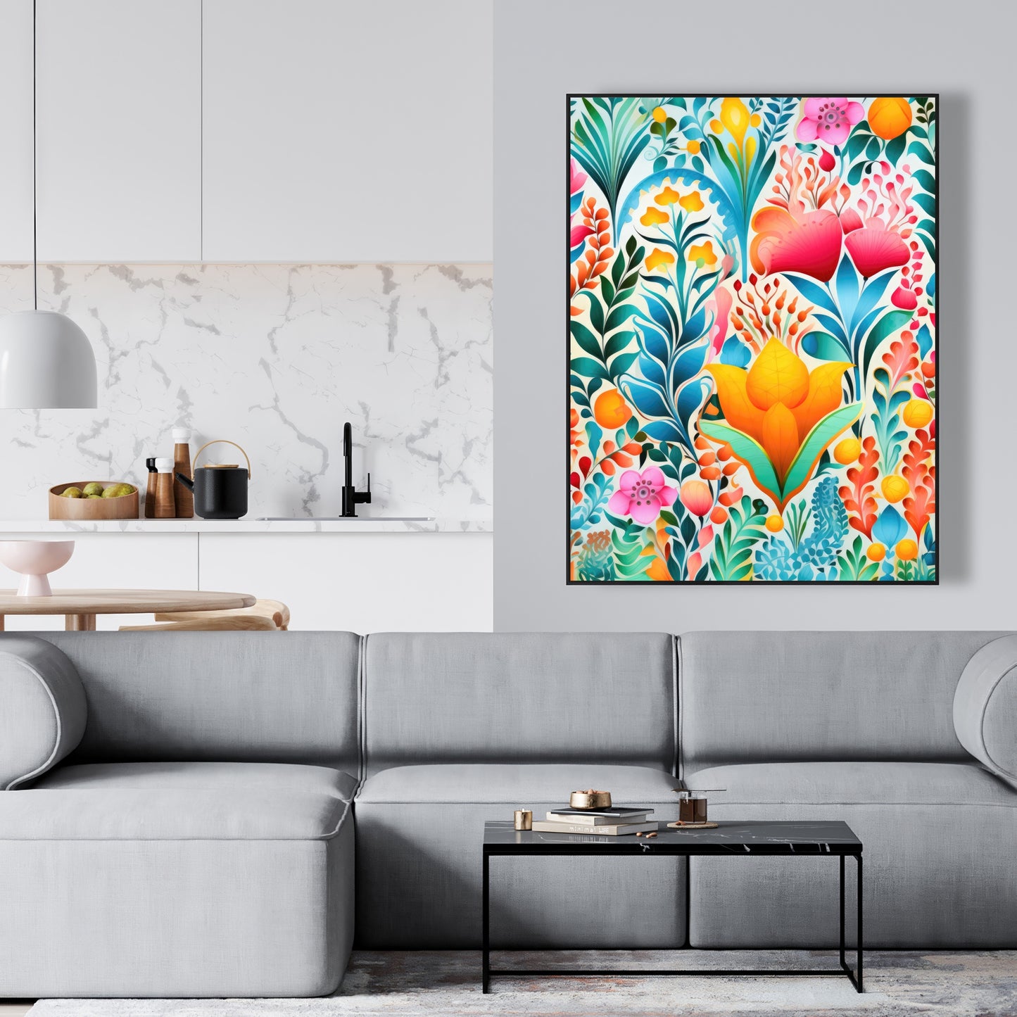 Flowing Flowers - Orange Framed Canvas for Home Decor