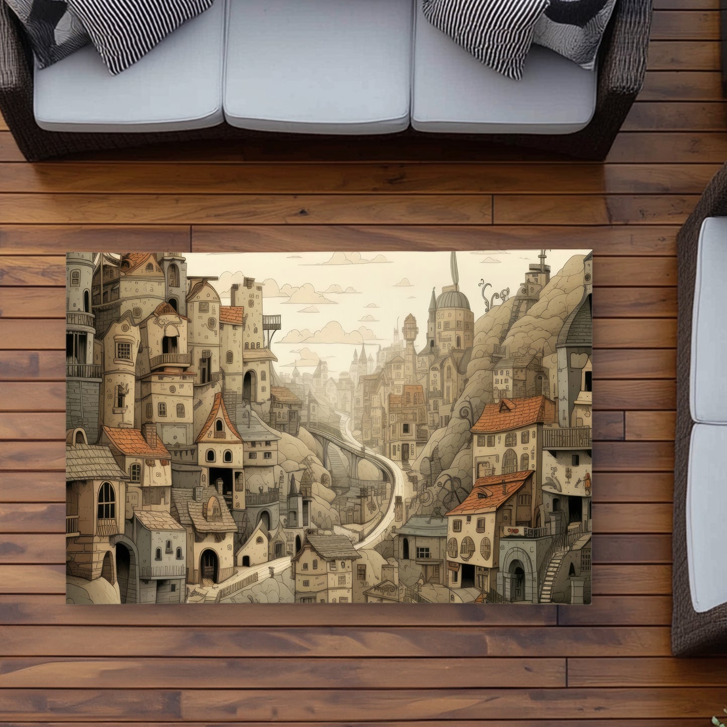 Intricate Town Hall Beige Outdoor Area Rug for Home Decor
