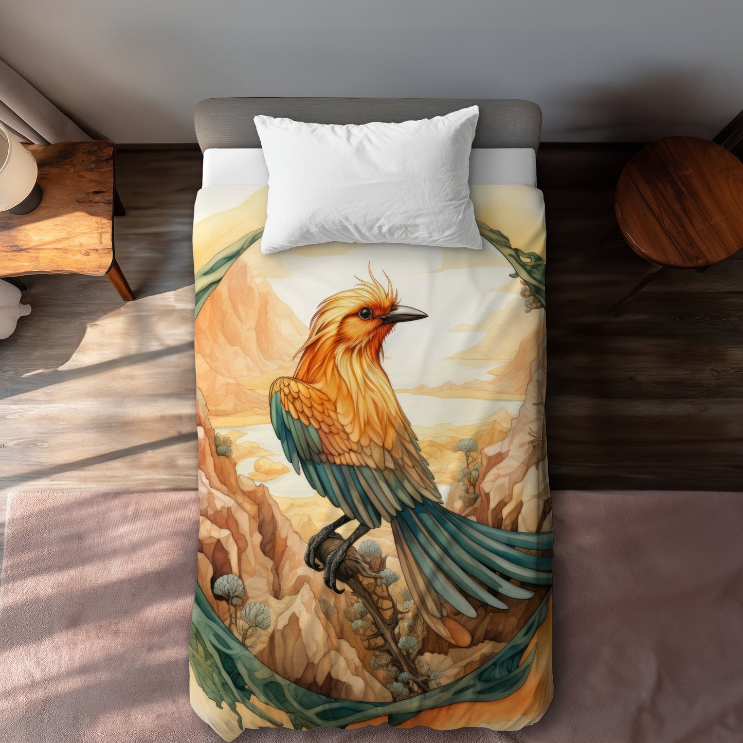 Perched Bird Beige Duvet Cover - Elegant Home Decor Accent