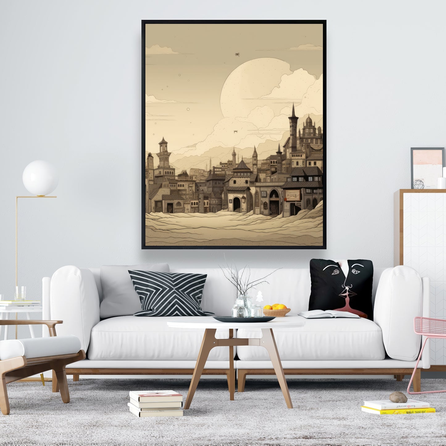 Desert Town - White Framed Canvas for Home Decor | Elegant Art
