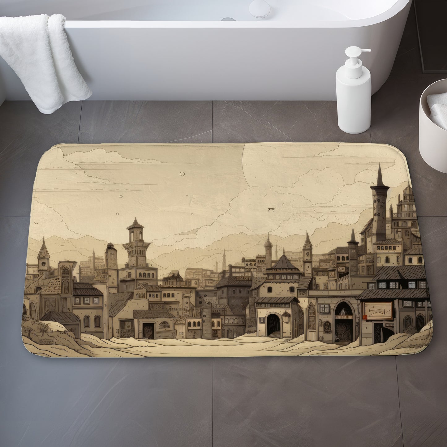 Desert town Beige Bath Mat | Stylish Home Decor Essential