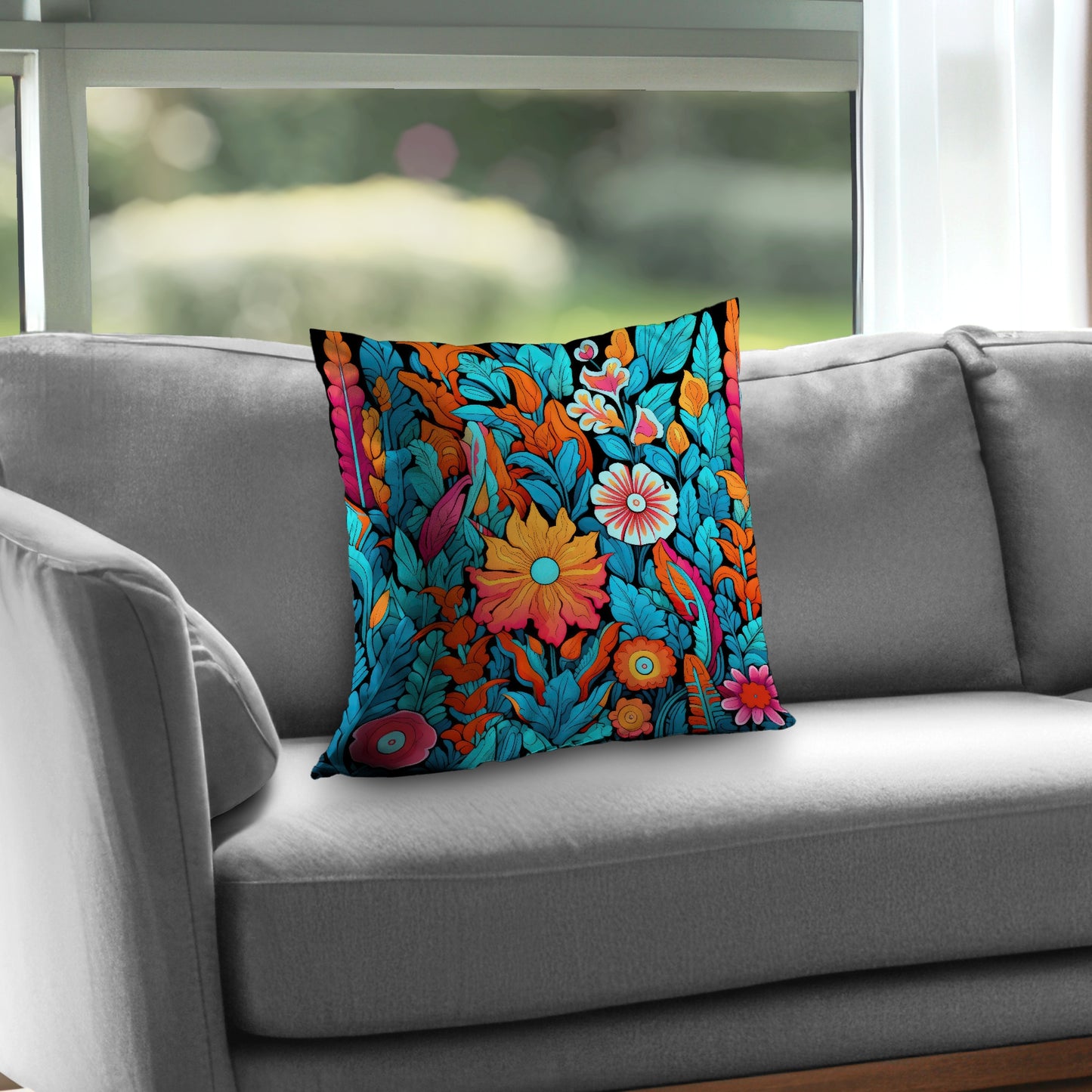 Floral Hues Black Poly Twill Throw Pillow - Home Decor Insert