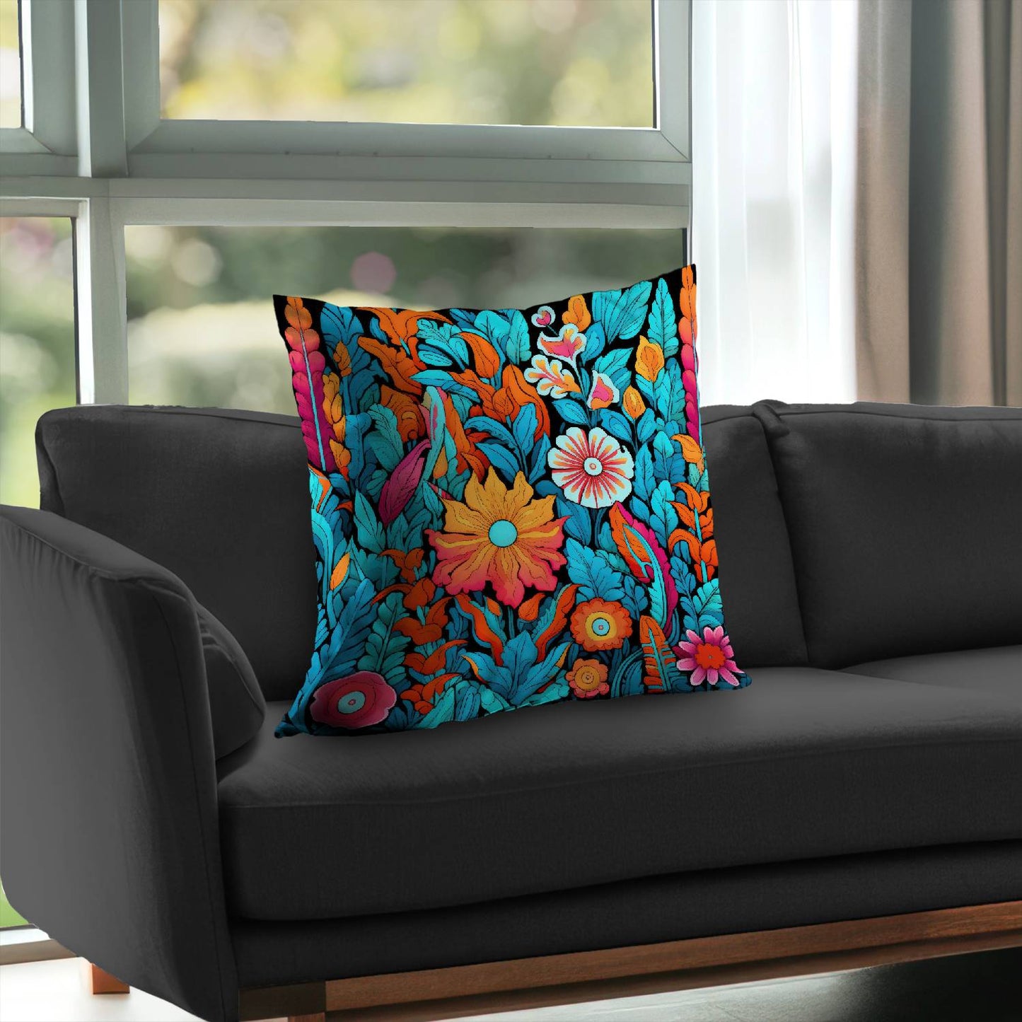 Floral Hues Black Poly Twill Throw Pillow - Home Decor Insert