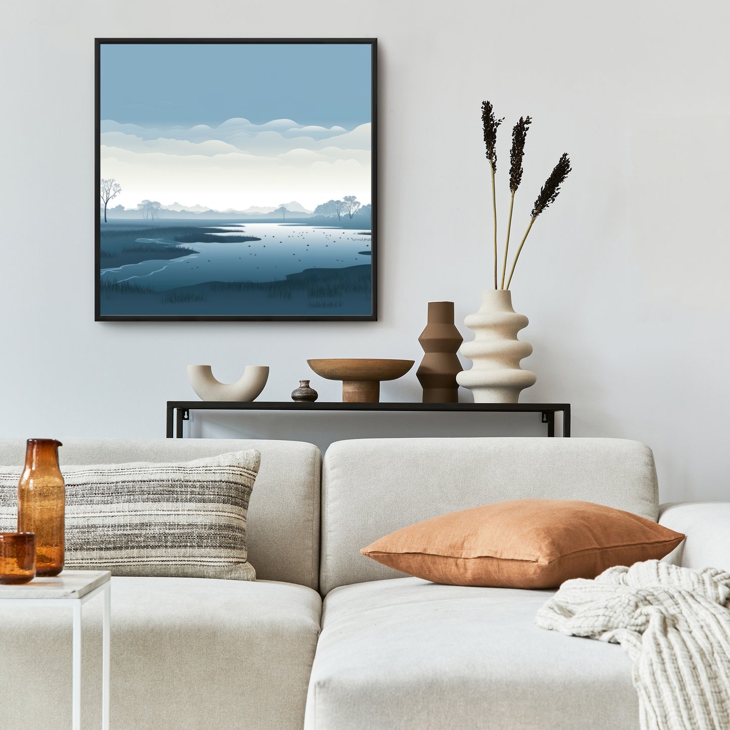 Minimalist Swamp - Blue Framed Canvas for Home Decor