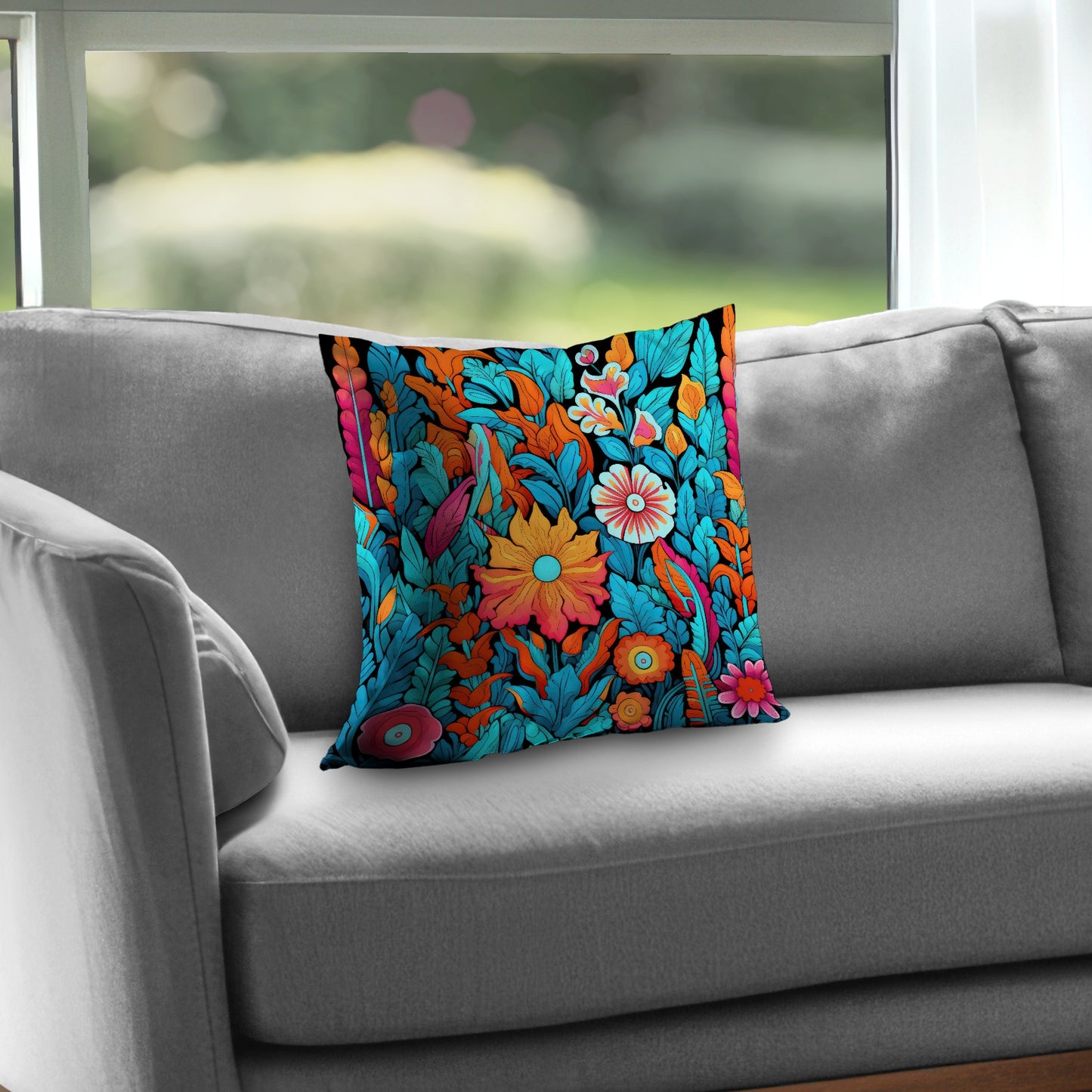 Floral Hues Black Poly Twill Throw Pillow - Home Decor Insert