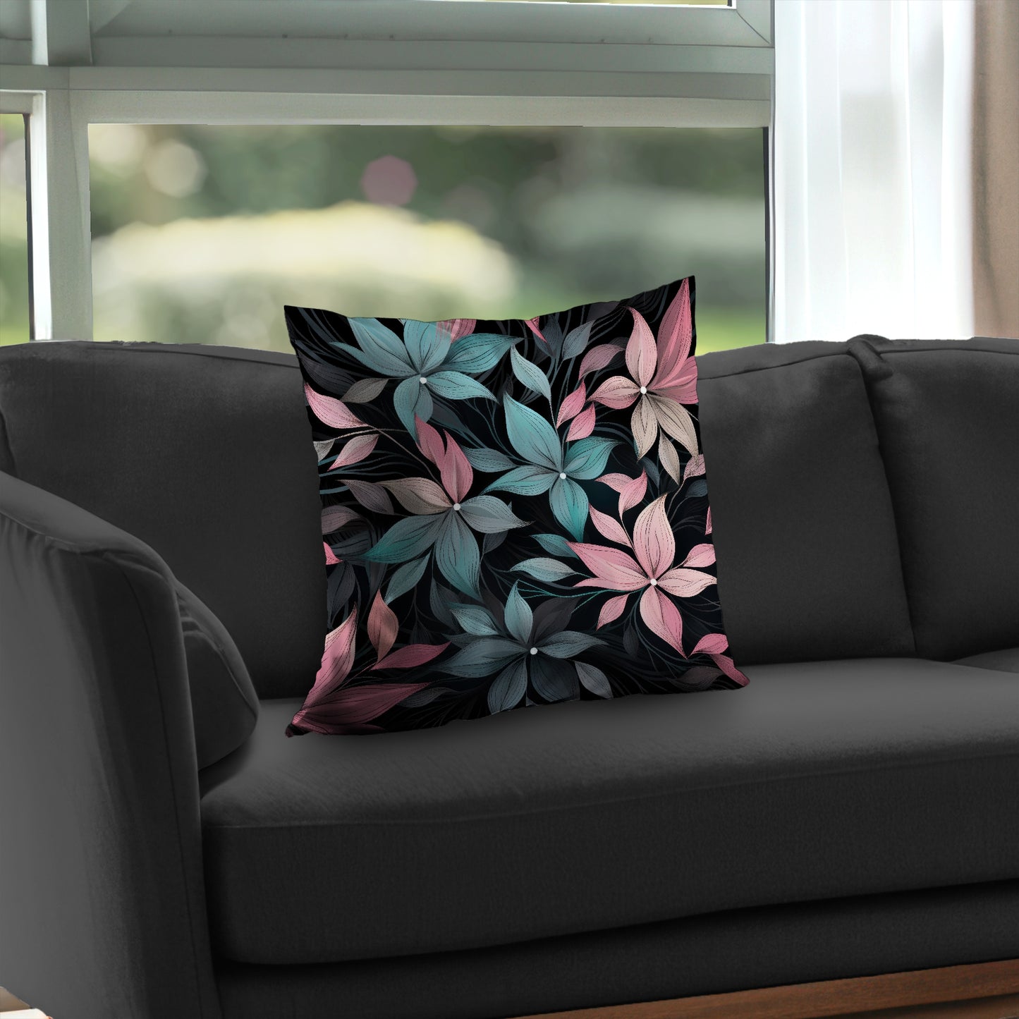 Desaturated Flowers Turquoise Poly Twill Throw Pillow | Home Decor