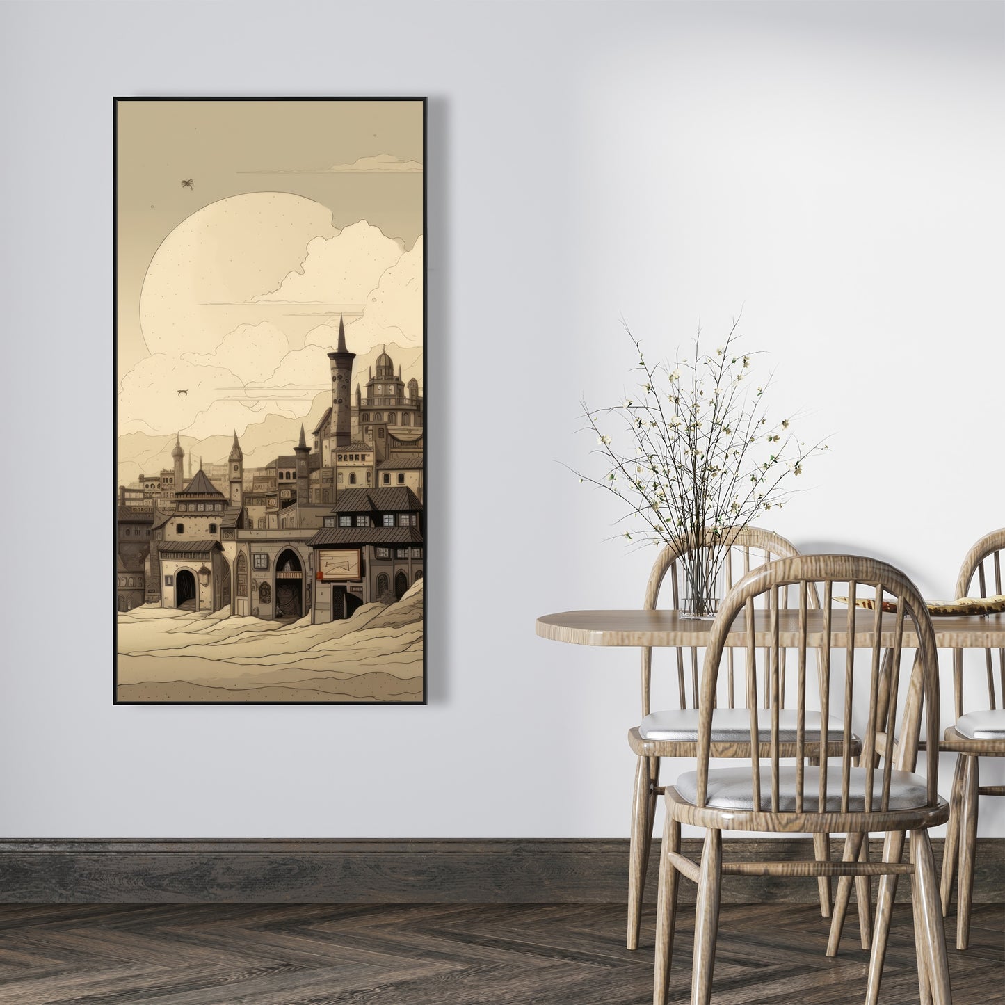Desert Town - White Framed Canvas for Home Decor | Elegant Art