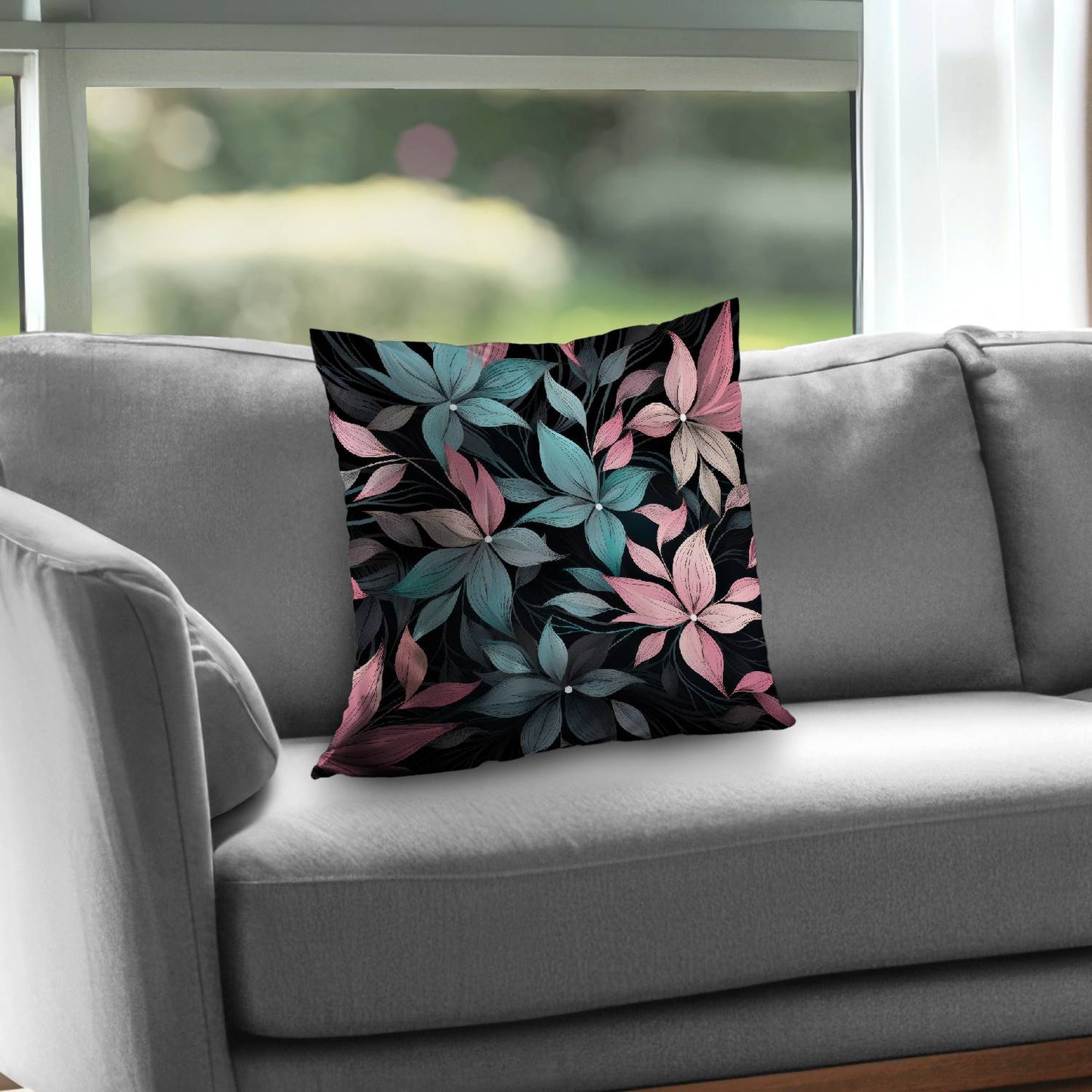 Desaturated Flowers Turquoise Poly Twill Throw Pillow | Home Decor