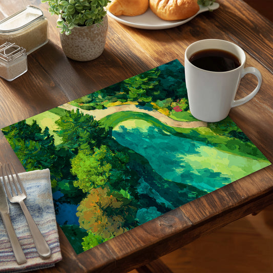 Peaceful Course - Illustrative Trees Polyester Placemat | Home Decor