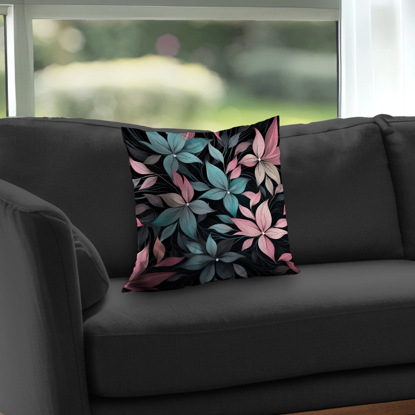 Desaturated Flowers Turquoise Poly Twill Throw Pillow | Home Decor