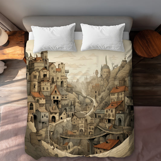 Intricate Town Hall Beige Duvet Cover | Elegant Home Decor