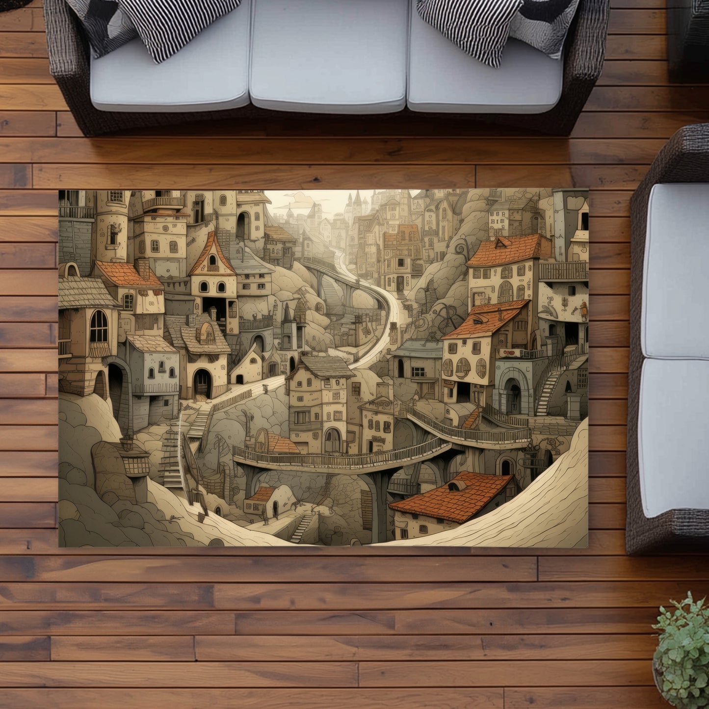 Intricate Town Hall Beige Outdoor Area Rug for Home Decor