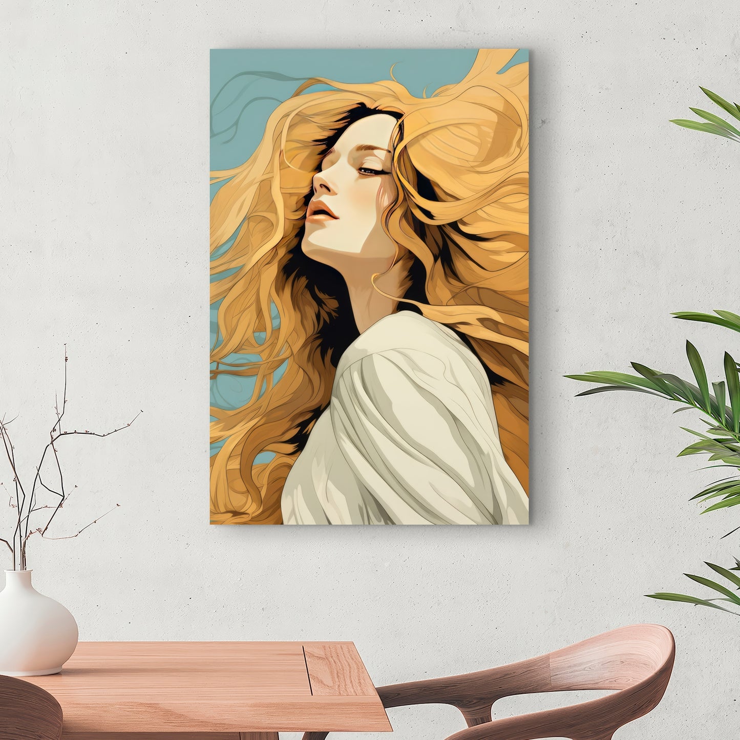 Flowing Hair - Turquoise Canvas Wall Art for Home Decor