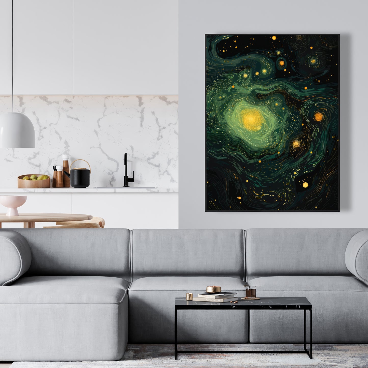 Illuminated in Space - Green Framed Canvas for Home Decor