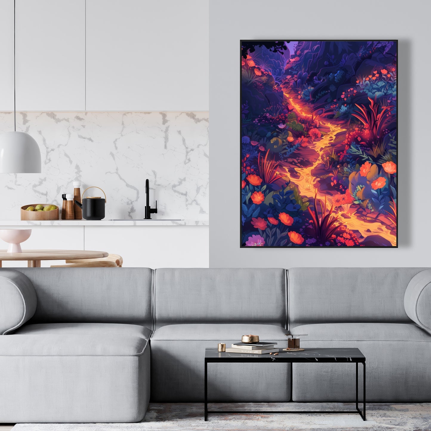 Burning Flowers Purple Framed Canvas | Home Decor Art