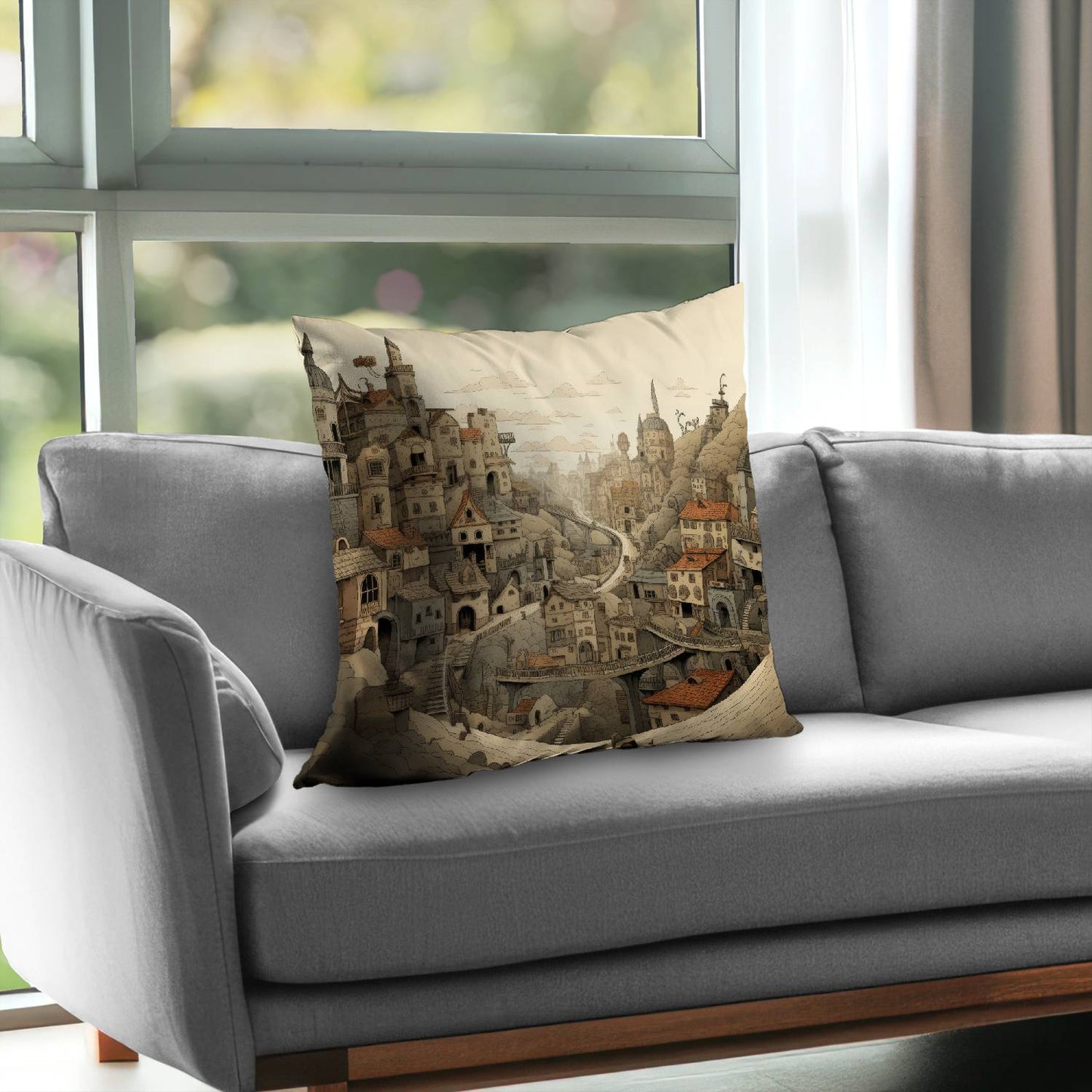 Intricate town hall Orange poly twill throw pillow | Home decor