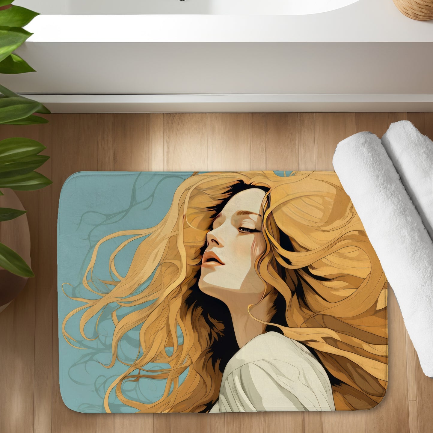 Flowing Hair Turquoise Bath Mat - Stylish Home Decor Accent