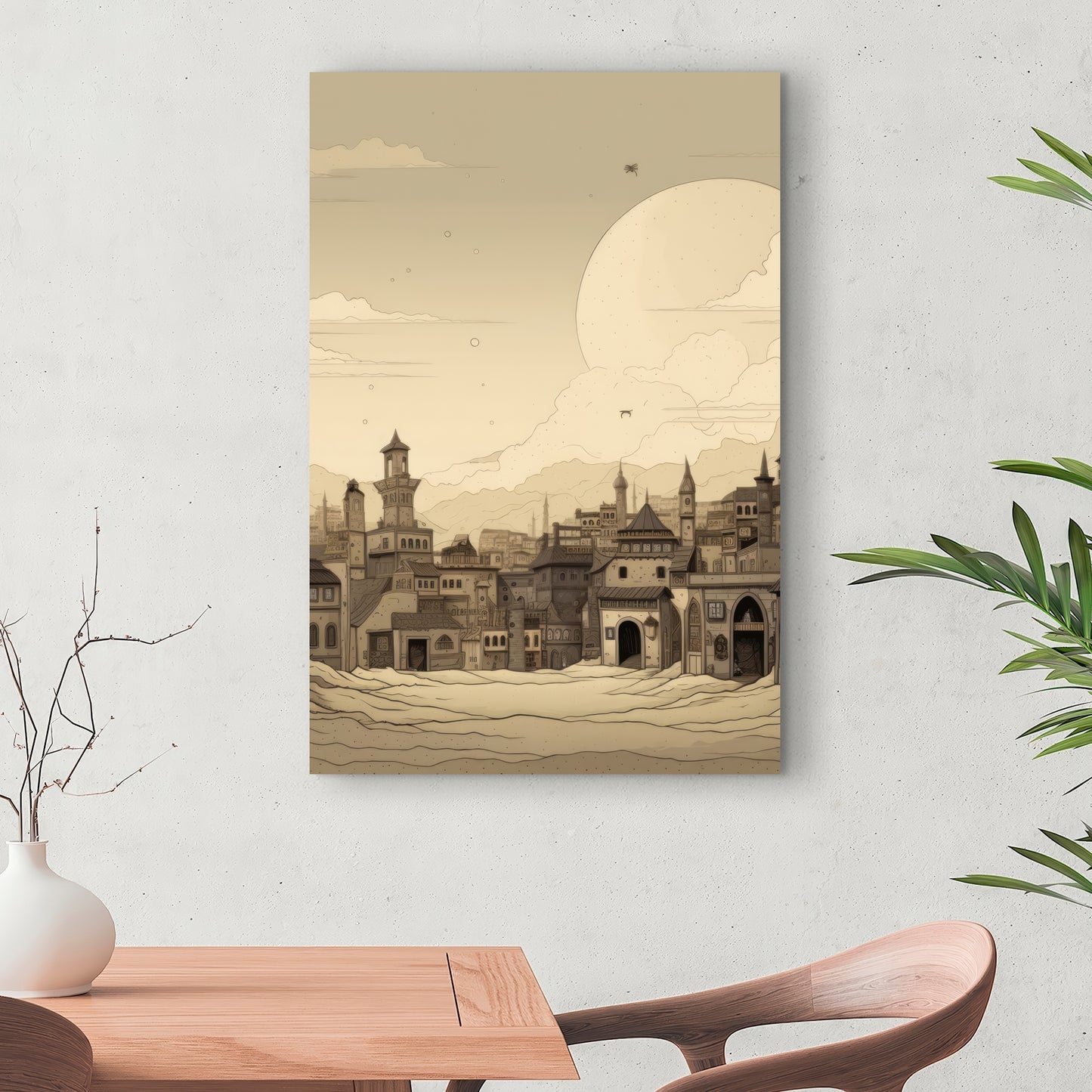 Desert Town Gray Canvas - Stylish Home Decor Artwork