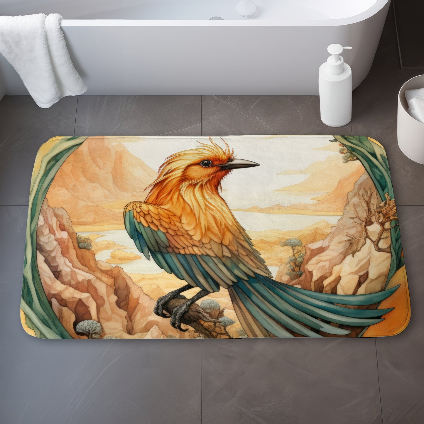 Perched Bird White Bath Mat - Elegant Home Decor Accessory