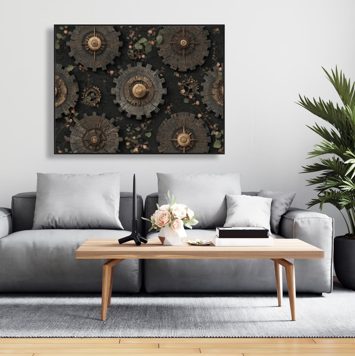 Cog Pattern - Green Framed Canvas for Home Decor | Unique Art
