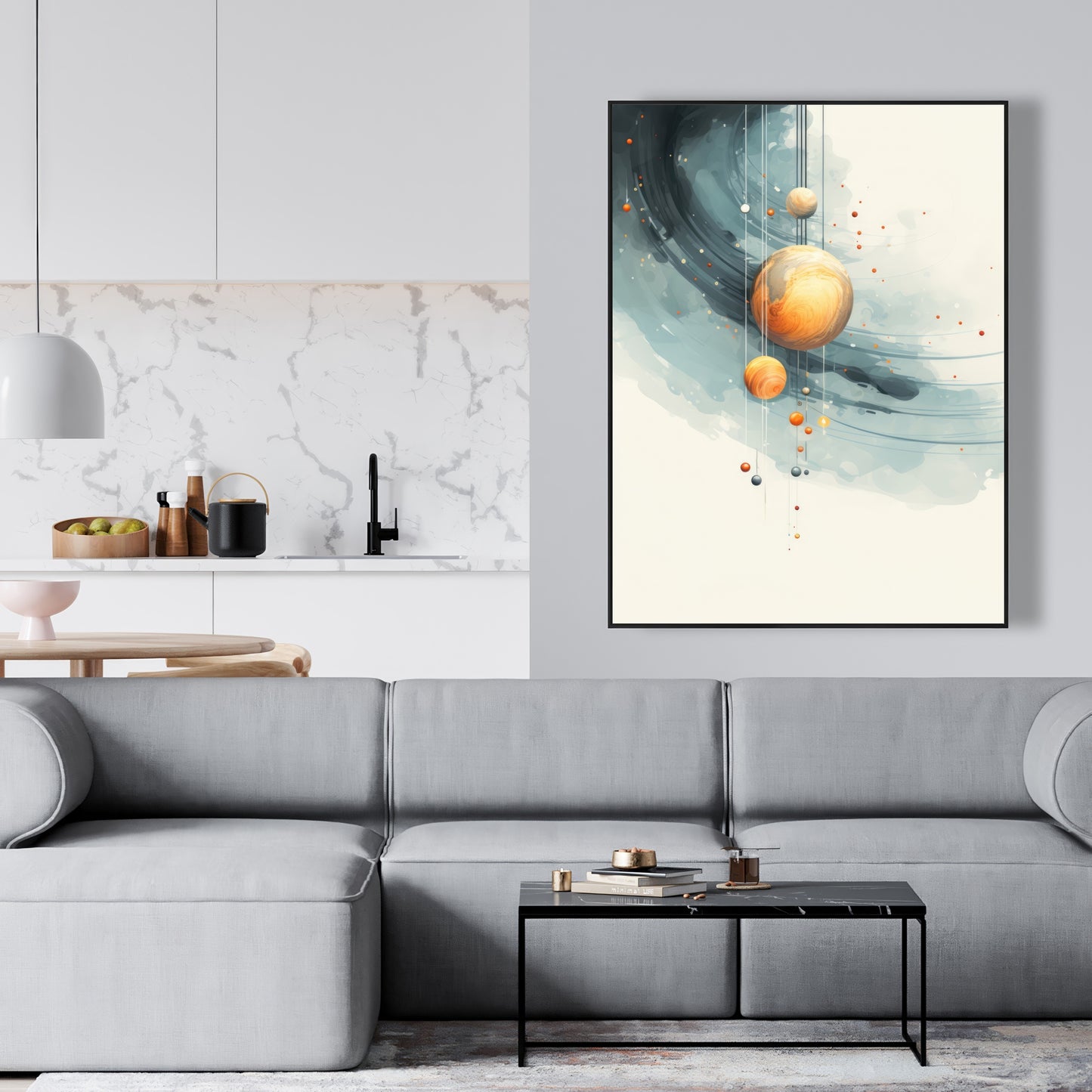 Hanging planets - Blue framed canvas for home decor