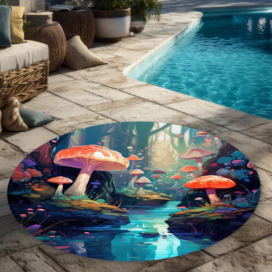 Whimsical Forest Black Round Outdoor Area Rug for Home Decor