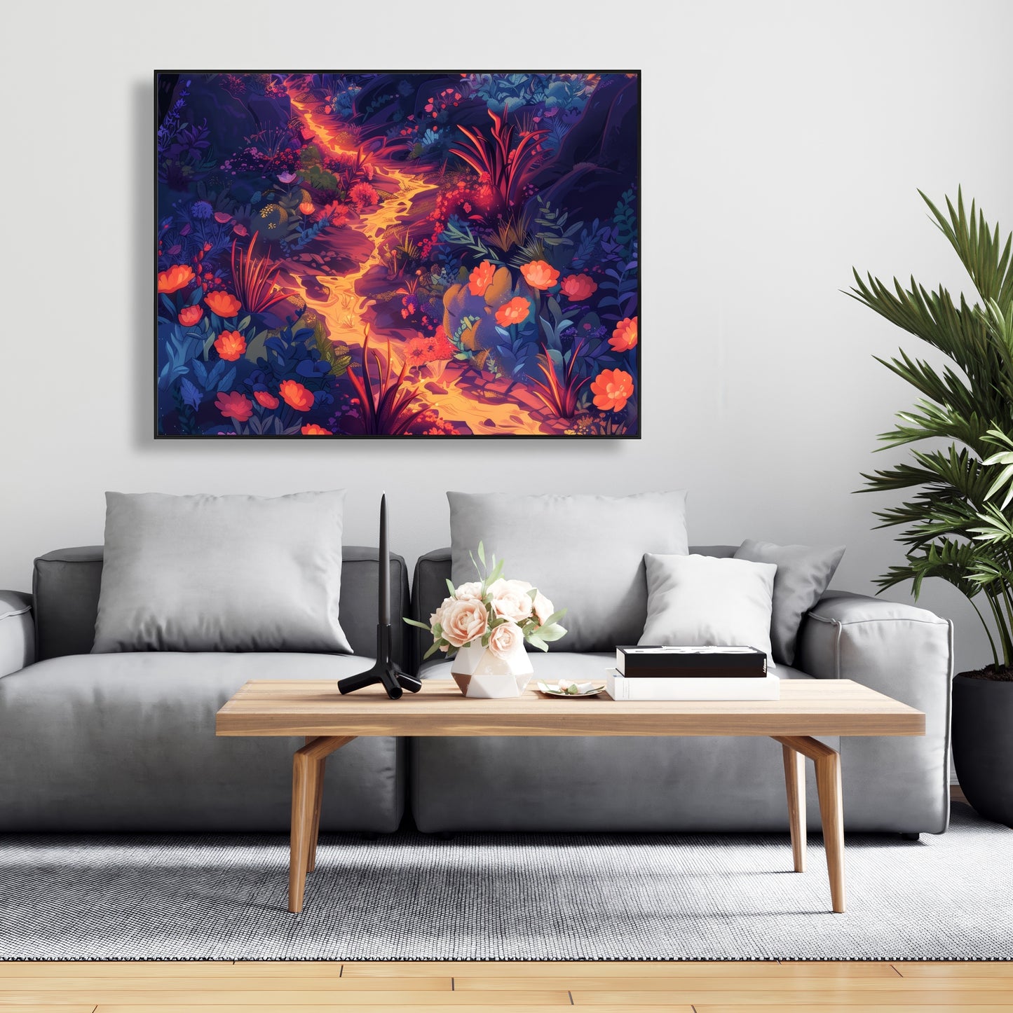 Burning Flowers Purple Framed Canvas | Home Decor Art
