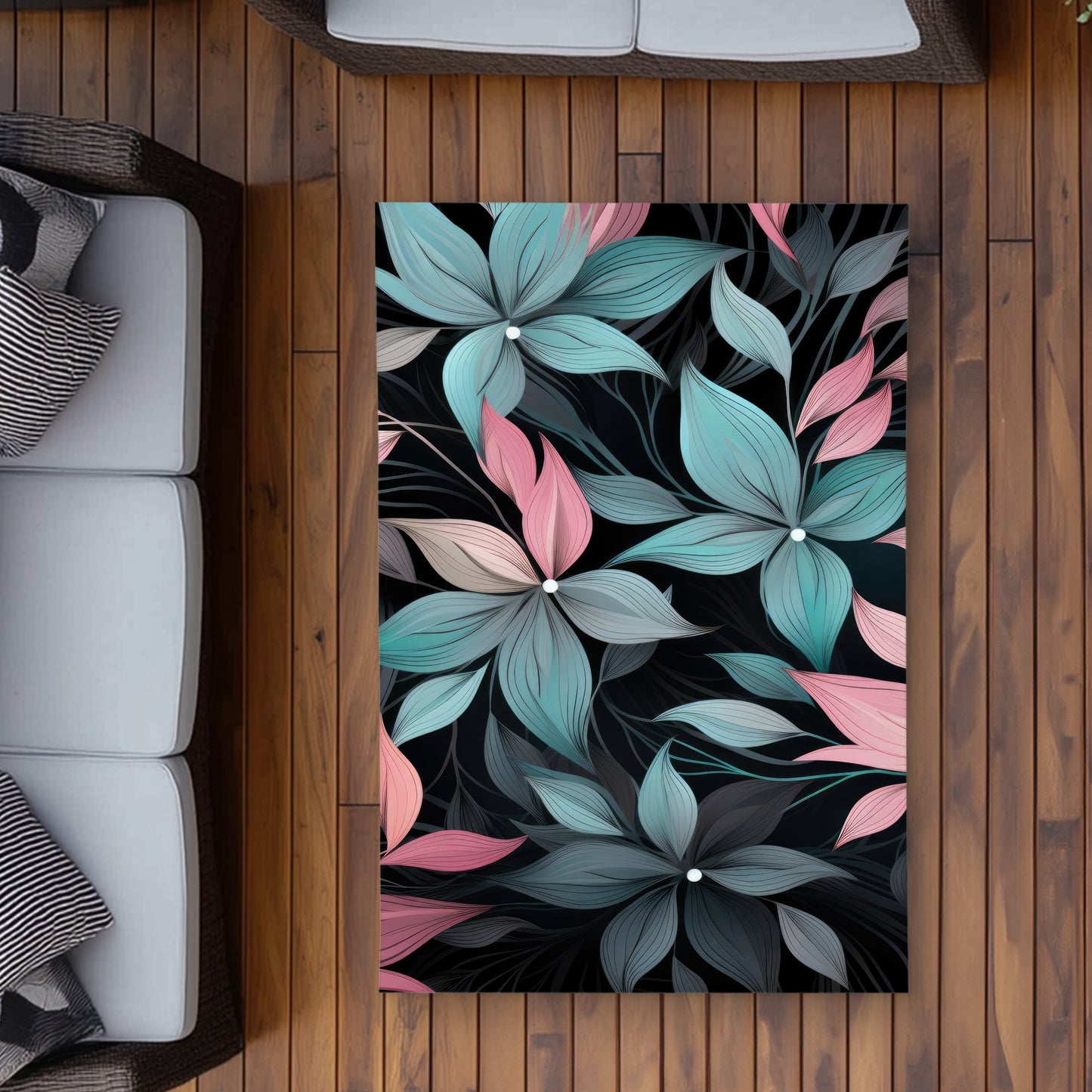 Desaturated Flowers Black Outdoor Area Rug - Home Decor