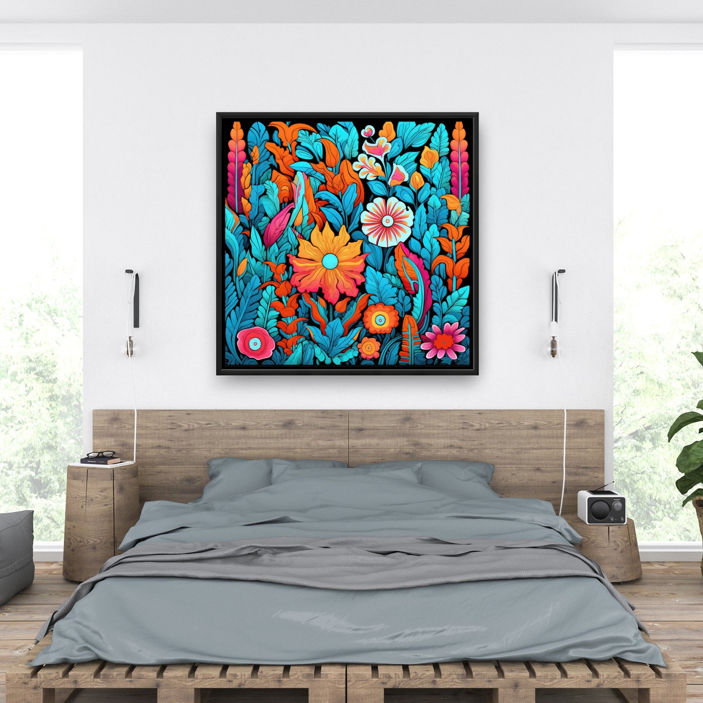 Floral Hues - Turquoise Framed Canvas for Home Decor