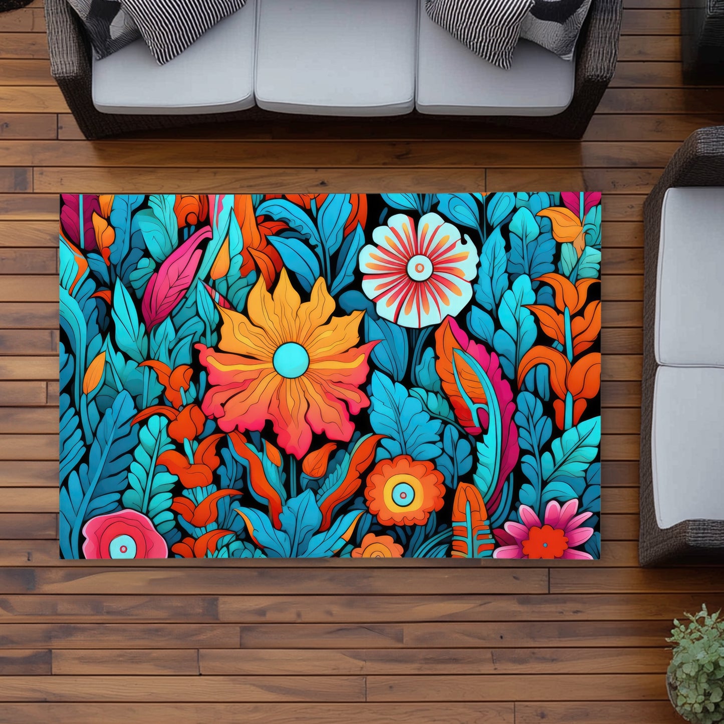 Floral Hues Turquoise Outdoor Area Rug | Home Decor Essentials