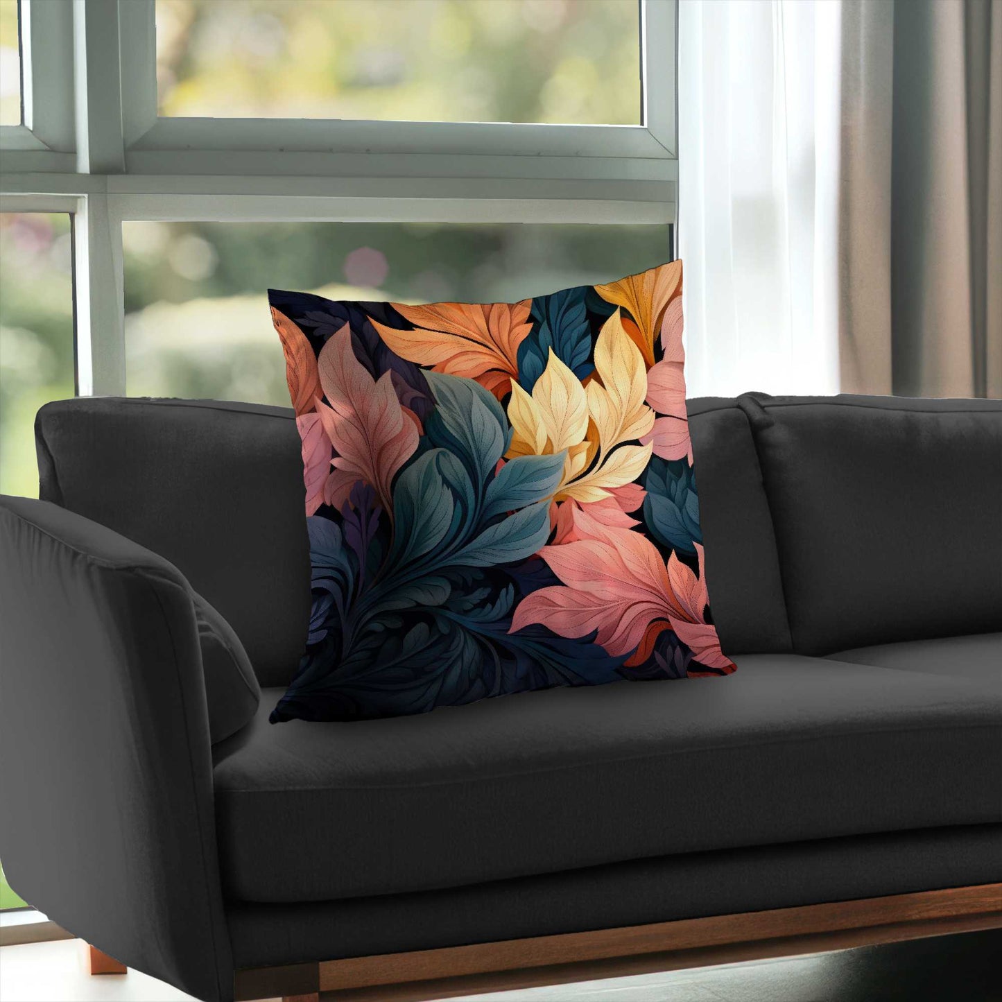 Coussin décoratif en sergé de polyester gris pastel fleuri | Décoration